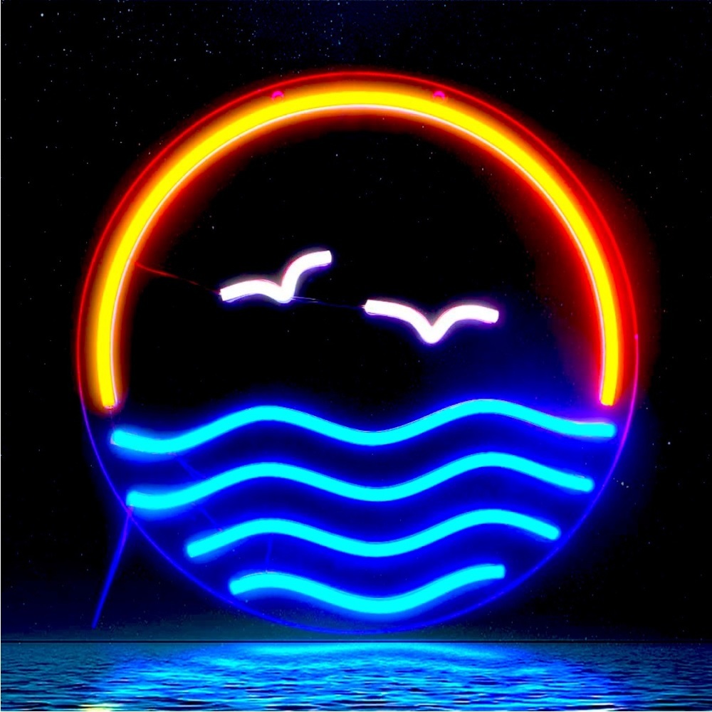 Neon Ocean Wave Sunset Blue Red Light Bedroom Beach Vacation Summer Wall Decor - Picture 5 of 5